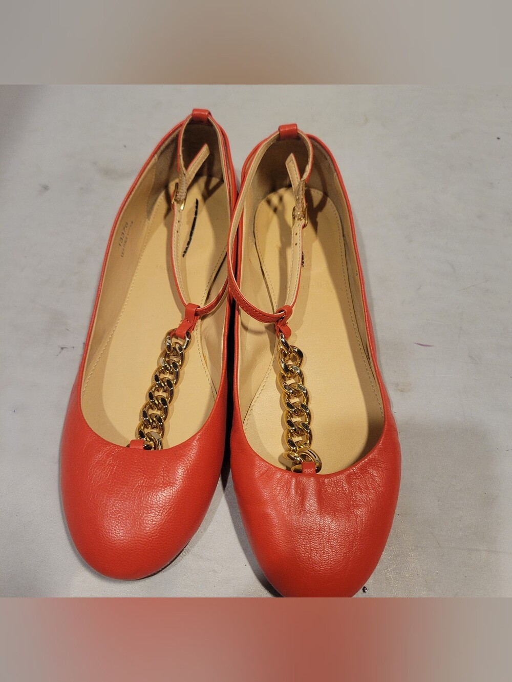 J Crew Orange Leather Jayne T-strap Gold Link Ballet Flats Big Girlls Size 5.5